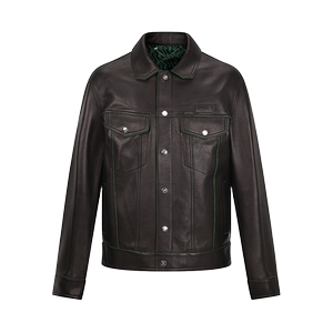 RARE威雅男装 秋冬新款黑色logo压印翻领牛仔夹克式男士皮衣