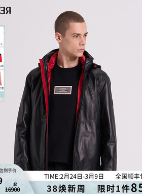 RARE威雅男装秋冬新款黑色皮面薄羽绒可脱卸帽户外风男士皮衣外套