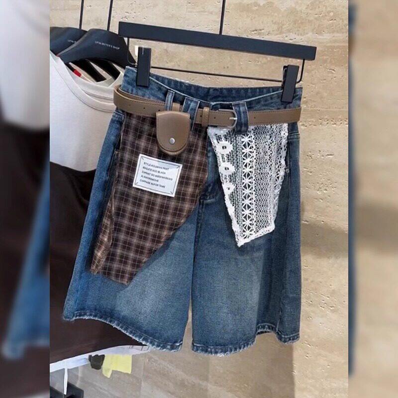 覆古蕾丝格子拼接牛仔短裤女夏季薄款大尺码胖mm宽松显瘦五分阔腿