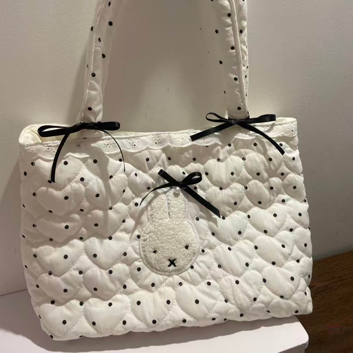 2025新款韩黑白波点爱心绗缝托特包可爱兔蝴蝶结大容量单肩手提包