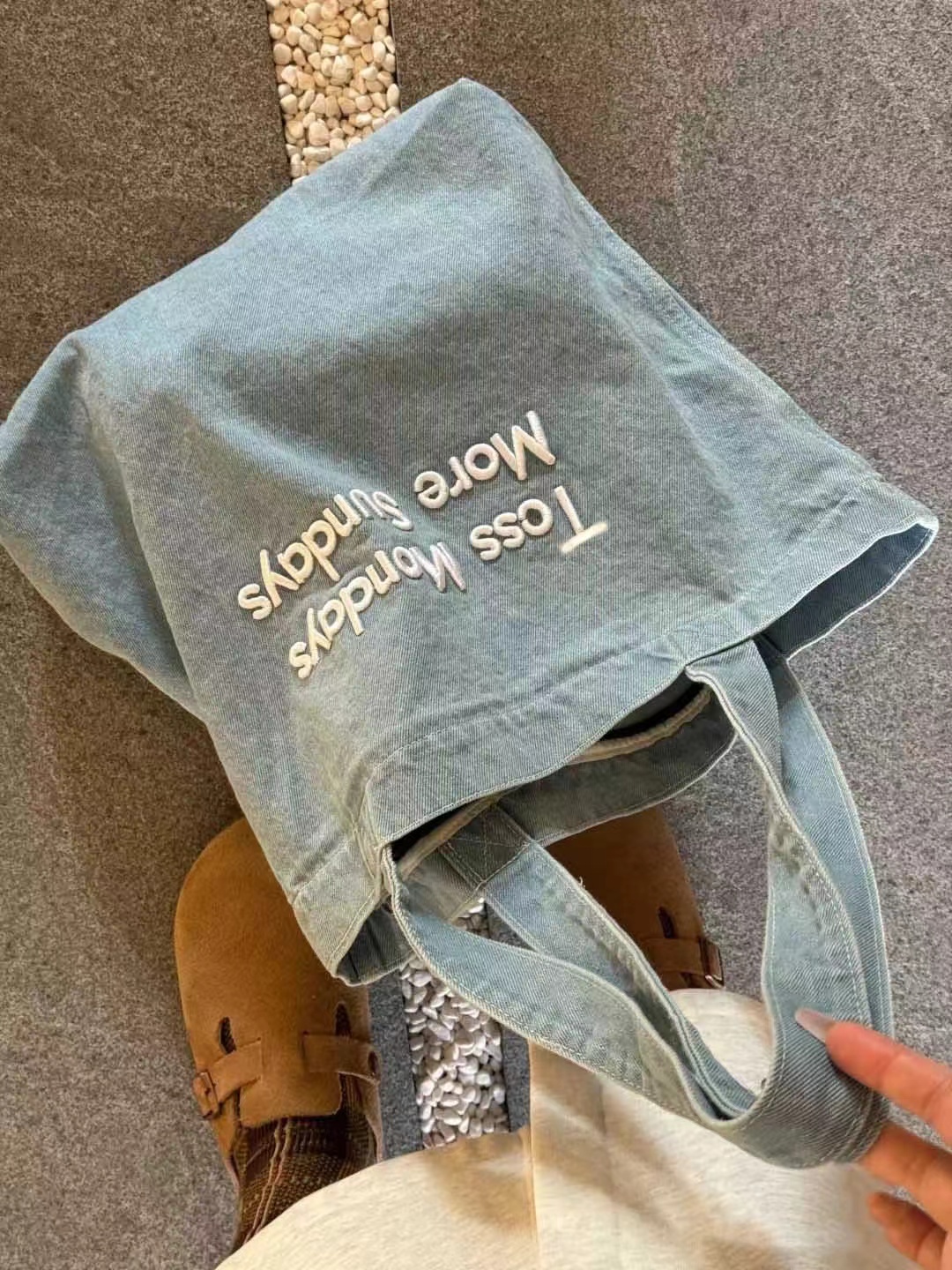 复古美式牛仔帆布包 ins大容量刺绣单肩包学生上课通勤百搭手提包