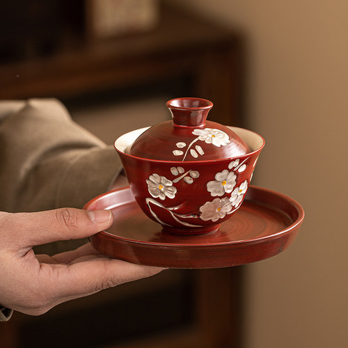 手绘山楂红单个盖碗茶杯陶瓷