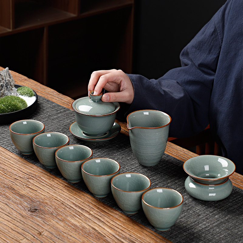 中式哥窑功夫茶杯茶具小套装家用办公室陶瓷泡茶盖碗整套高档礼盒