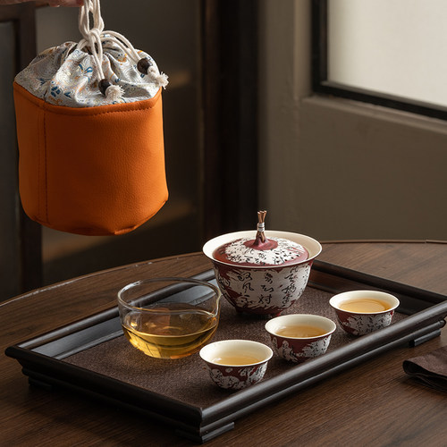 诗文描银陶瓷便携旅行茶具套装户外露营快客杯收纳包泡茶盖碗定制