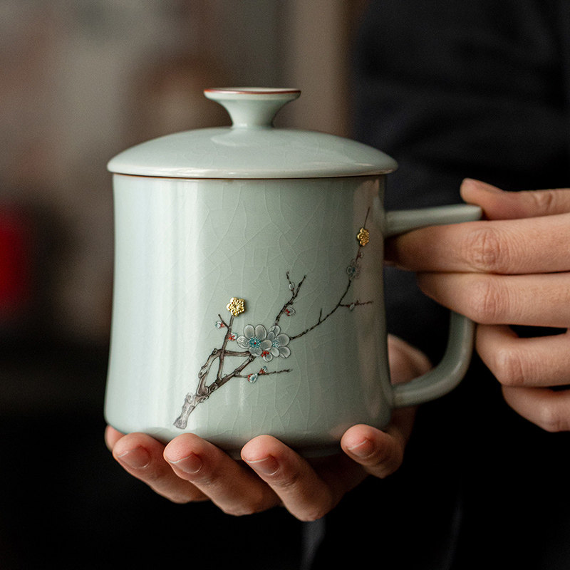 汝窑开片锔钉马克杯子家用办公室个人专用陶瓷带盖喝水泡茶杯定制