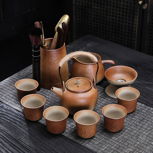 提梁壶柴烧粗陶侧把功夫茶具套装