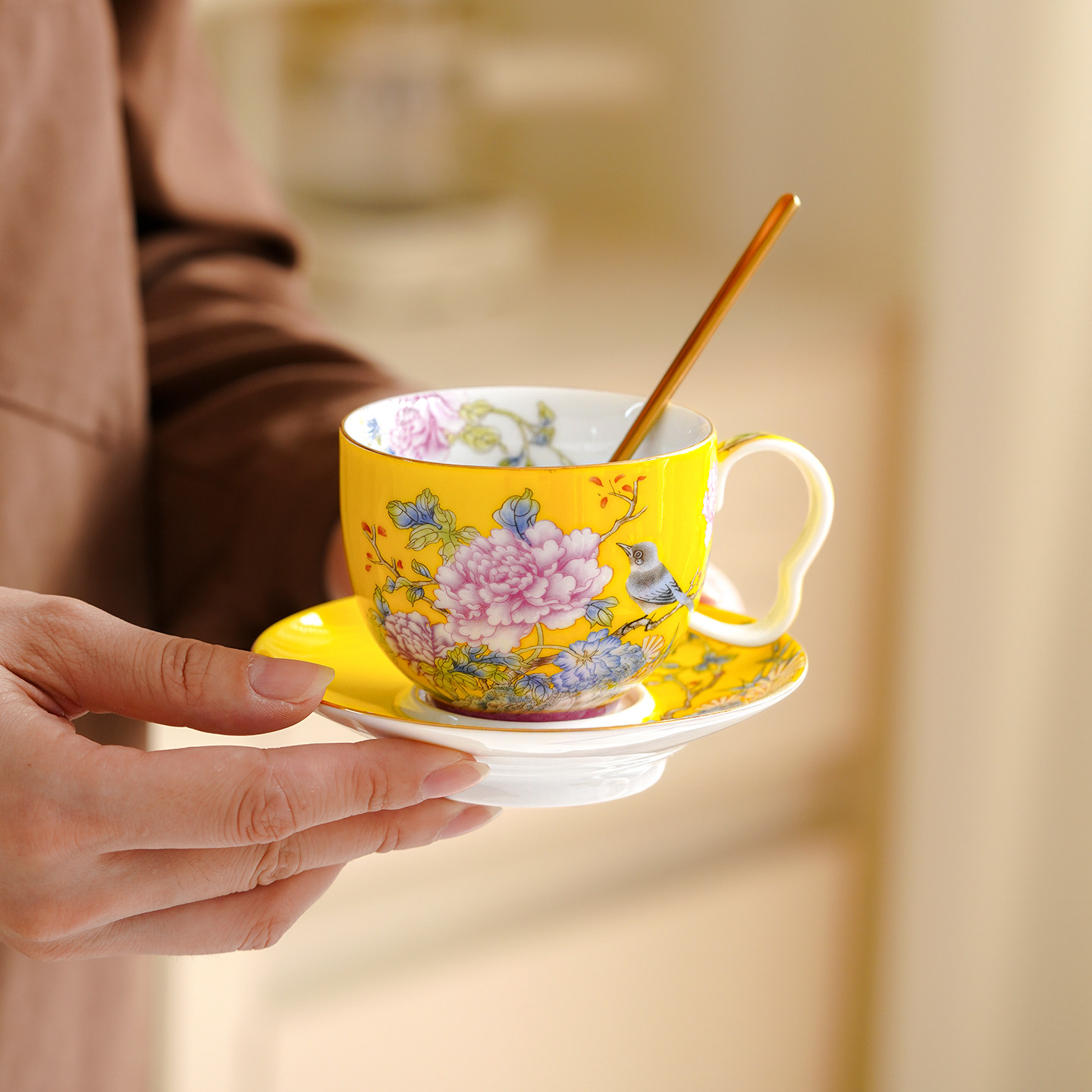 陶瓷珐琅彩咖啡杯带勺碟套装高档精致早餐杯中国风喝水马克杯定制