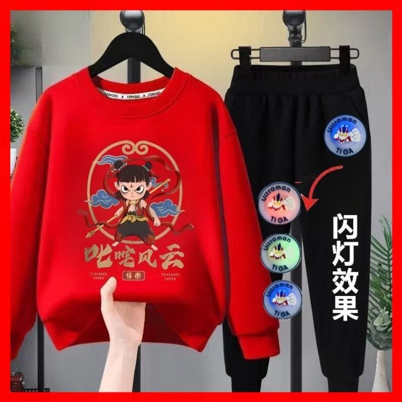 儿童长袖T恤发光裤子两件套女童哪吒之魔童闹海男童薄款卫衣套装