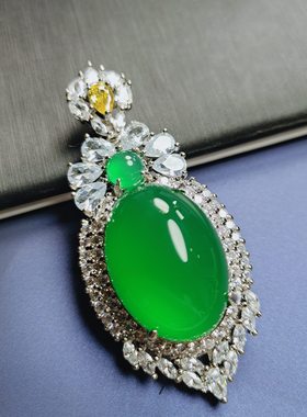 天然高冰种帝王绿玉髓镶嵌大吊坠挂件时尚简约女士款玉坠玛瑙项链