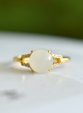 s925银镶嵌新疆和田玉白玉蛋面时尚简约玉戒指女指环戒圈饰品
