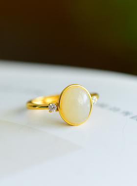 s925银镶嵌新疆和田玉白玉蛋面椭圆戒指简约时尚指环戒圈饰品