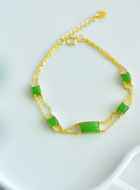 s925银古法镶嵌和田玉碧玉方形玉石手链时尚百搭女士款手串手链