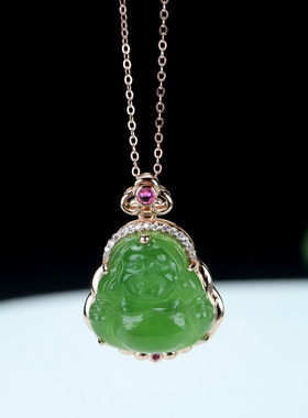 S925银和田玉碧玉鎏金弥勒笑佛玉石吊坠挂件时尚女款玉坠项链