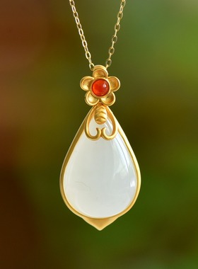 S925银古法银镶和田玉白玉水滴形玉石吊坠挂件时尚气质锁骨链