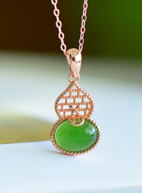 S925银和田玉碧玉福禄玉石吊坠项链挂件时尚气质女款玉石玉坠