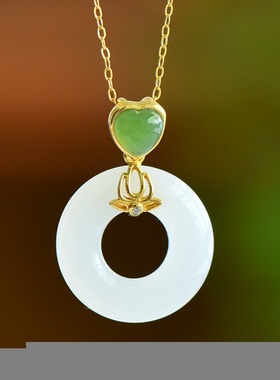 S925银和田玉白玉平安扣玉石吊坠挂件时尚气质女士款玉坠项链