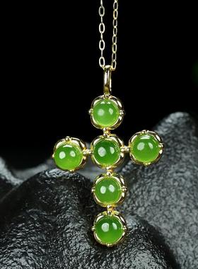 S925银和田玉碧玉菠菜绿半圆玉石吊坠挂件时尚气质女玉坠项链