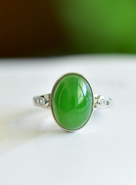 s925银镶嵌新疆和田玉碧玉菠菜绿蛋面戒指简约时尚女指环饰品