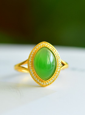 s925银镶嵌新疆和田玉碧玉猫眼时尚百搭戒指男女指环饰品