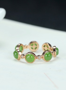 s925银镶嵌新疆和田玉碧玉满天星戒指简约时尚女指环戒圈饰品