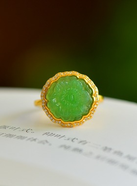 s925银镶嵌新疆和田玉碧玉花开富贵戒指简约时尚指环戒圈饰品