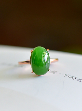 s925银镶嵌新疆和田玉碧玉菠菜绿蛋面玉戒指简约时尚指环饰品