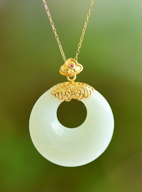 S925银镶新疆和田玉羊脂白玉偏心扣玉石吊坠挂件女款时尚气质玉坠