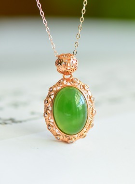 S925银和田玉碧玉菠菜绿蛋形玉石吊坠挂件时尚气质女玉坠项链