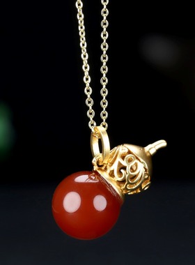 24K金古法镶嵌玉髓精致葫芦吊坠男女士福禄玉石玉坠项链