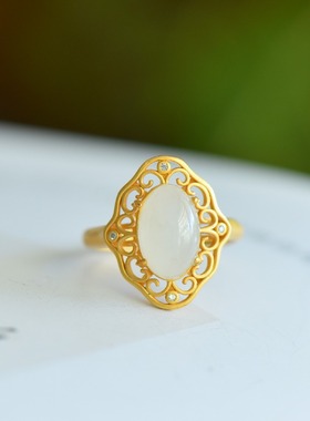 s925银镶嵌新疆和田玉白玉马眼戒指简约时尚女款指环戒圈饰品