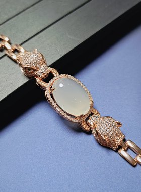 天然冰彩玉髓镶嵌豹子头款手牌时尚简约版手链手串手饰品一条