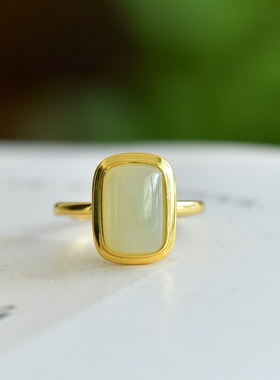 s925银镶嵌和田玉且末蓝方形戒指女款简约时尚百搭款指环饰品