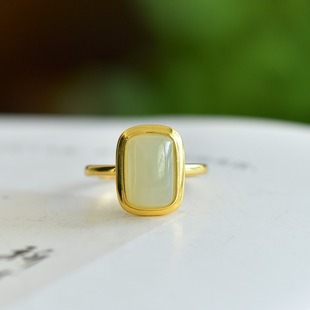 s925银镶嵌和田玉且末蓝方形戒指女款简约时尚百搭款指环饰品