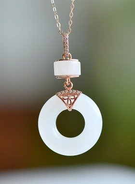 S925银和田玉白玉平安环玉石吊坠挂件时尚气质女士款玉坠项链