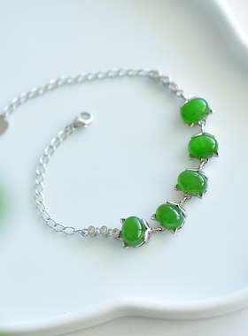s925银和田玉碧玉菠菜绿狐狸形手链时尚百搭女款手串配饰礼品
