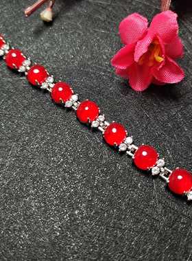 天然冰彩玉髓镶嵌红色手链圆形女士款手链手串手饰品时尚一条