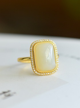 s925银镶嵌新疆和田玉白玉小方糖形玉戒戒指简约时尚指环饰品