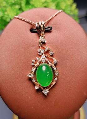 时尚精品天然冰彩绿玉髓镶嵌椭圆形锁骨玛瑙项链吊坠挂件女款颈饰