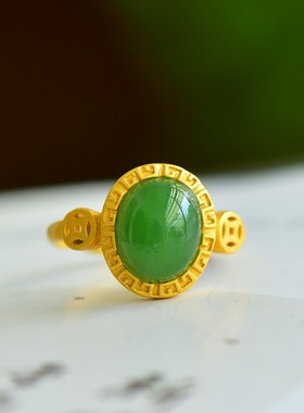 s925银镶嵌新疆和田玉碧玉菠菜绿蛋面戒指简约女指环戒圈饰品