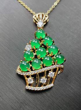 天然高冰种帝王绿玉髓镶嵌招财树吊坠挂件时尚女士款玉坠项链