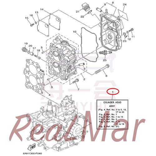 气缸盖总成 舷外机雅马哈百胜的航凯翟墨 20马力 6AH-W009A-00-1S