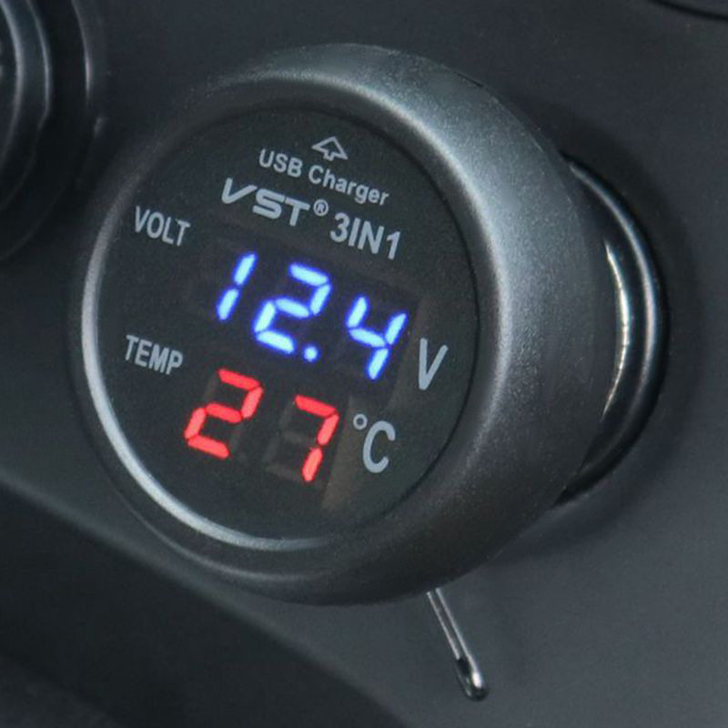 汽车电子电压温度计车载充电器三合一快充直插式车充一件