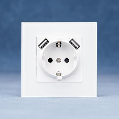 欧标欧规插座86型钢化玻璃面板USB德插双TypeA+A口欧洲标准CE
