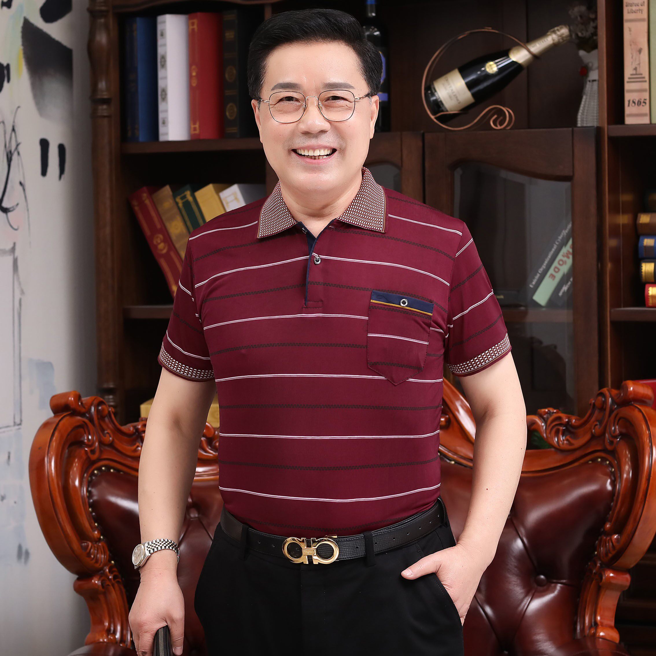 爸爸短袖t恤男夏装中年男士冰丝春夏季宽松上衣中老年人男装爷爷