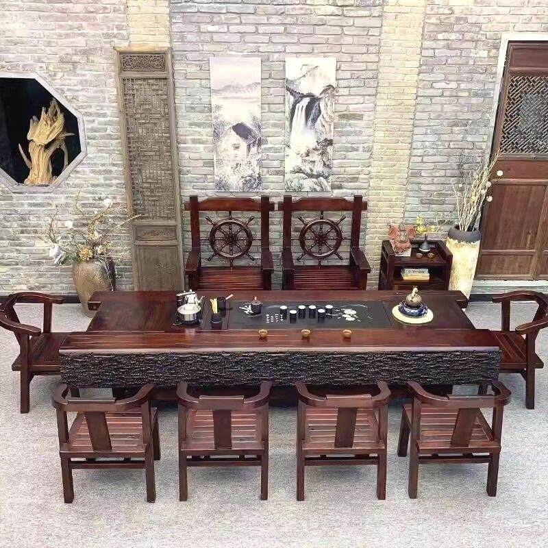 老船木茶桌一体一整套桌椅组合全实木新中式泡茶台办公室家用茶几