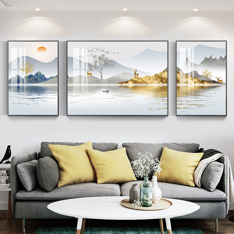 客厅装饰画山水画沙发背景墙轻奢壁画三联晶瓷新中式现代简约挂画
