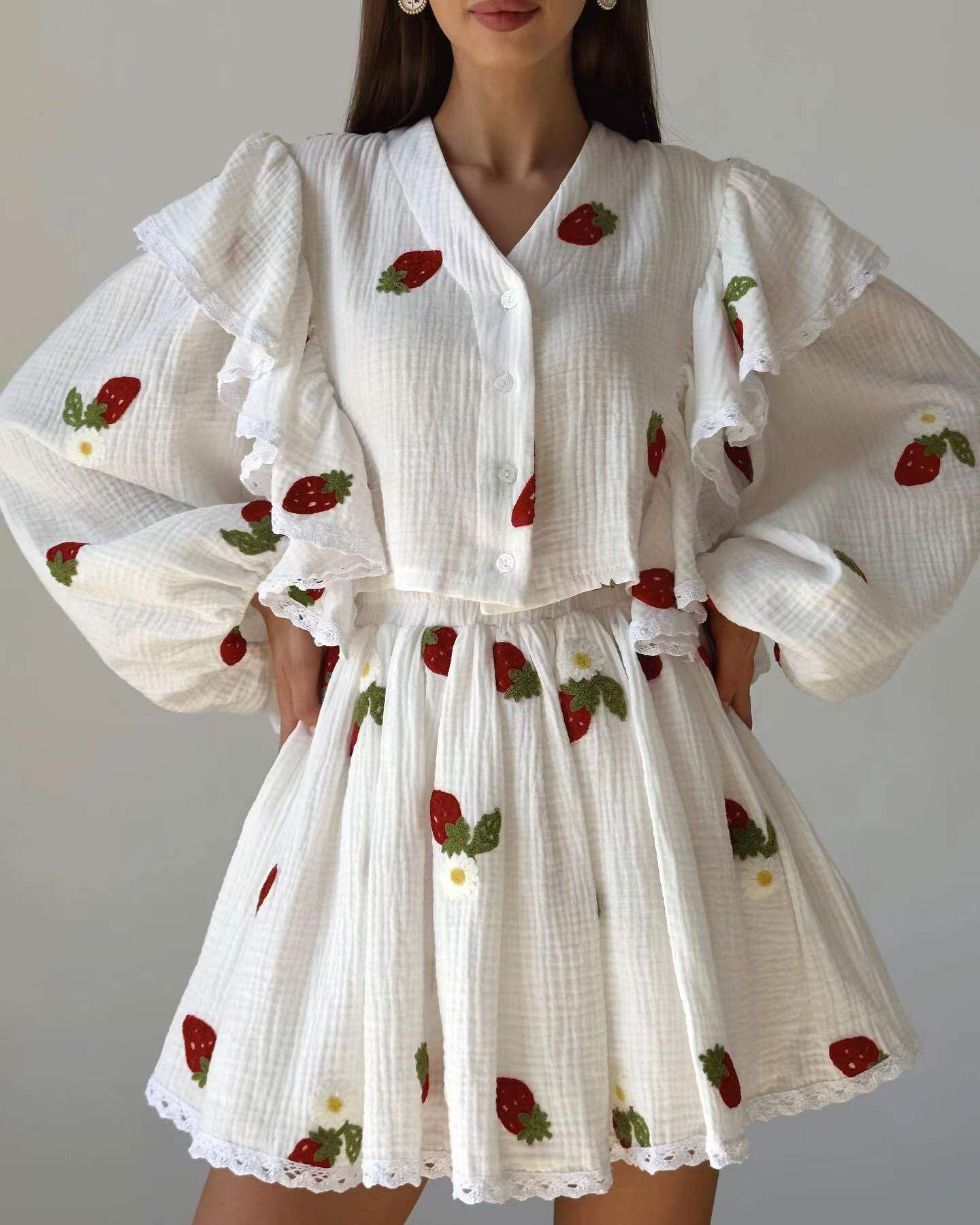 欧美荷叶边草莓印花衬衫短裙套装 Printed shirt short skirt set