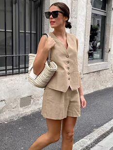 欧美风夏季新款休闲无袖V领马甲背心短裤套装Tank top shorts set