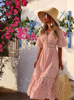 Women V-neck lace dress 欧美女V领短袖镂空单排扣蕾丝连衣裙