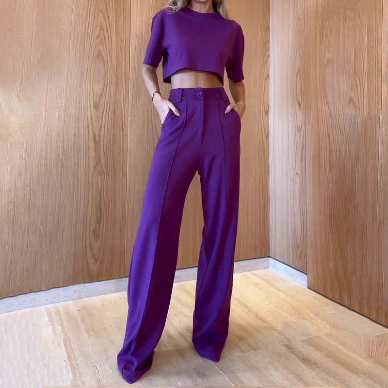 女套装时尚圆领短袖上衣直筒长裤纯色两件套casual two-piece set